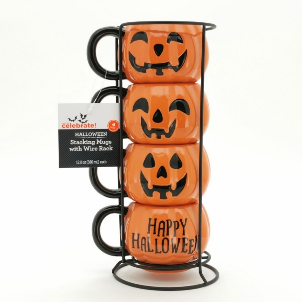 Halloween Pumpkin Mug Stack w/ Wire Rack